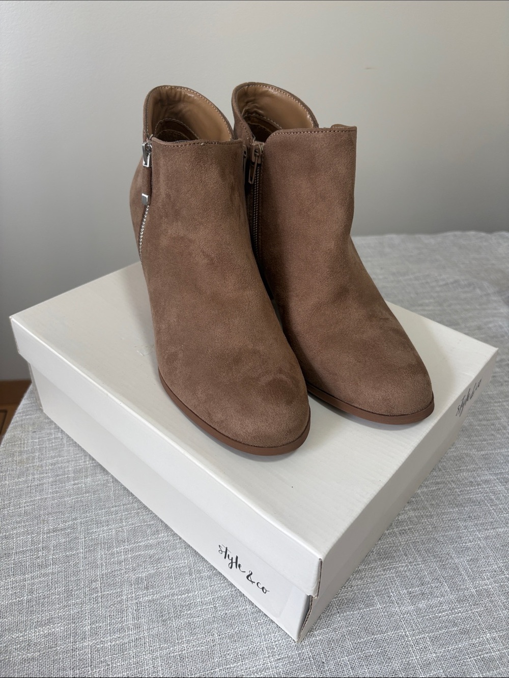Style & Co. Taupe Suede Like Ankle Boots with Side Zip